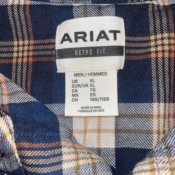 Ariat Retro Fit Flannel Shirt Mens XL Blue Tan Plaid Western Pearl Snap Cotton - Picture 3 of 5